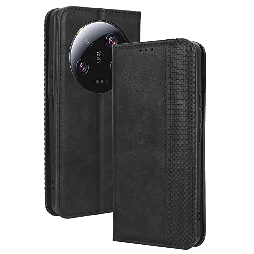 XINNI Protective Phone Case for Xiaomi 13 Ultra, PU/TPU Vintage Flip Leather Shockproof Cover Magnetic Book Style Wallet, Black