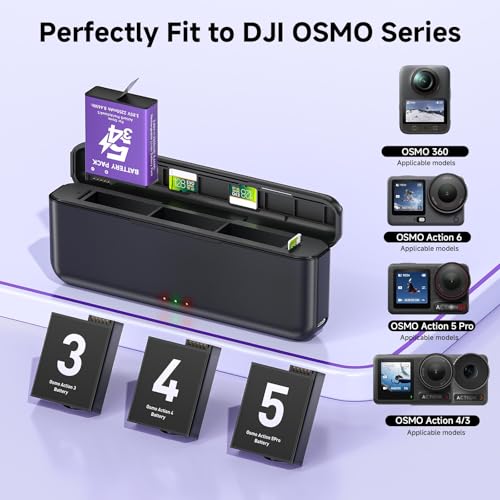 Image of 3 Pack 2250mAh Extreme Replacement Batteries with 3-Channel Fast Charger Hub Kit for DJI OSMO Action 6 /OSMO Action 5 Pro /Action 4 /Action 3 for DJI OSMO 360