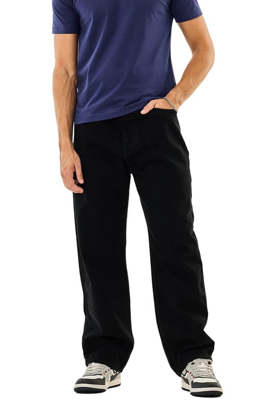 Image of SNITCH Men Jeans | Baggy Fit Relaxed Wide-Leg Design | Durable Cotton Blend with Medium Stretch & Light Fading | Casual Wear for All Seasons