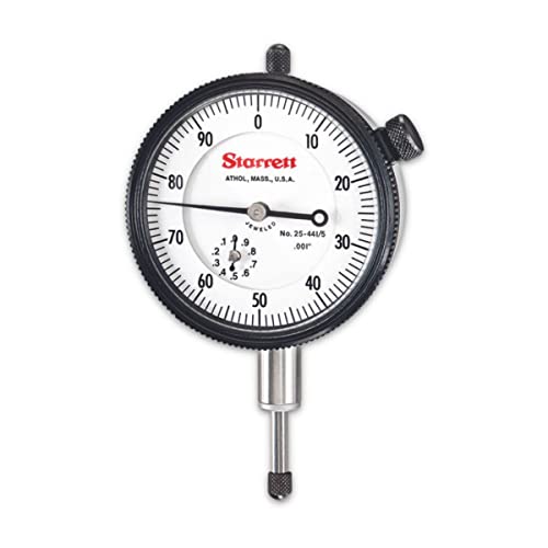 Starrett 25 Series Dial Indicator with Jewel Bearings and Lug-On-Center Back - White Face, 0-.500" Range, 0-100 Continuous Dial, .001" Graduations - 25-441/5J