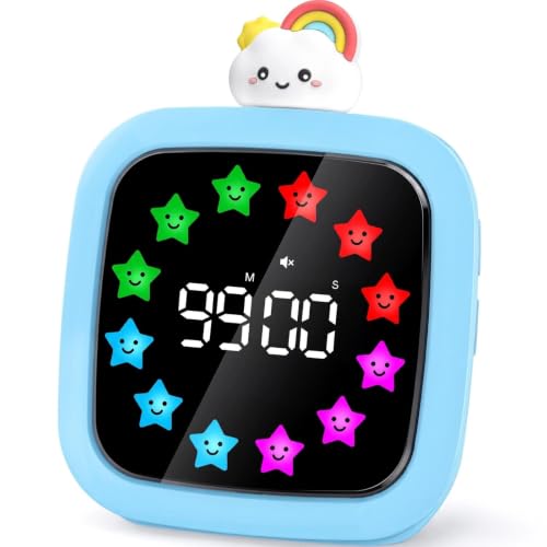 Image of Yunbaoit Digital Visual Timer for Kids, 99-Minute Countdown, Rechargeable | Blue Protective Case, 19 Music Alarm, Pause Function, 9 Optional DIY Color Star Display, Rainbow Doll, for Homeschool