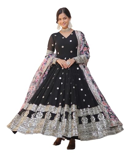 Wedani Faux Georgette Embroidered Work Anarkali Kurta Set for Women (IN, Alpha, M, Regular, BLACK)