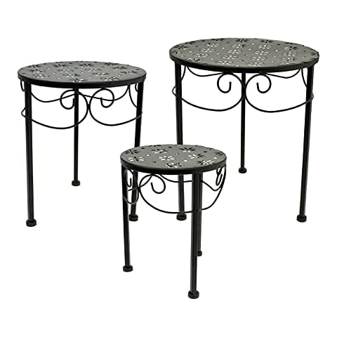 MiFirem Garden Side Table - 3 Pc Black Metal Round Nesting Table Home Patio Plant Stand Coffee and End Table Sets Round Side Table Small Console Table Furniture Living Room Set Cover