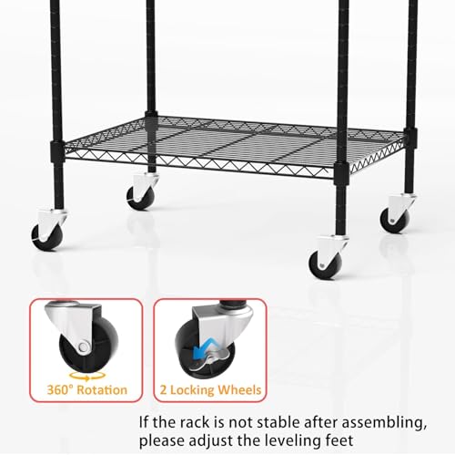 Image of 5 Tier Storage Shelves with Wheels, Heavy Duty Metal Garage Shelving Unit and Adjustable Feet, 865lb High Capacity Rolling Storage Shelf for Kitchen, Office, Dining Room (23.6 inchx 17.7 inchx 72 inch), Black