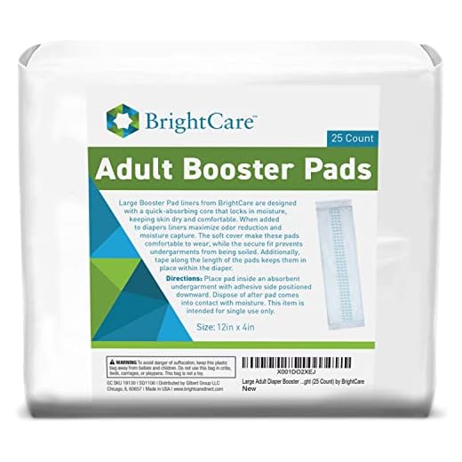 Adult Diaper Booster Pad Liner Insert with Adhesive for Men or Women (Large Size) - 16 Ounce Absorbent Day and Night Doubler (25 Count) by BrightCare