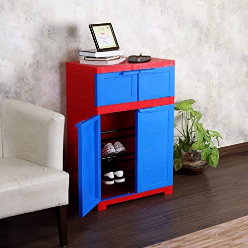 Image of CELLO Novelty Dual Plastic Shoe Rack with Dustproof Doors| 3 Year Warranty | Chappal /Slipper /Footwear Stand for Home, Living Room, Office, Outdoor| Red & Blue Colour