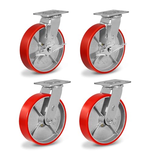 Caster Wheels, 8"X 2" Casters Set of 4 Heavy Duty with Polyurethane Wheels, Plate Industrial Swivel Casters Load 6000lbs Capacity (2 Brakes &amp; 2 Swivel)