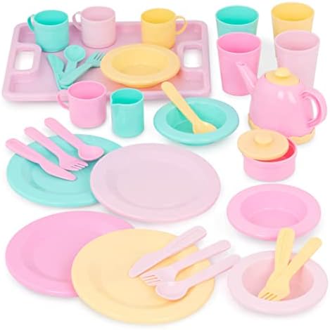Play Circle by Battat – Dishes Wishes Dinnerware Set – Colorful Plates, Teapot, Cups, Spoons, Forks, Serving Tray, and More – Pretend Play Toy Kitchen Accessories for Kids Ages 3 and Up (34 Pieces)