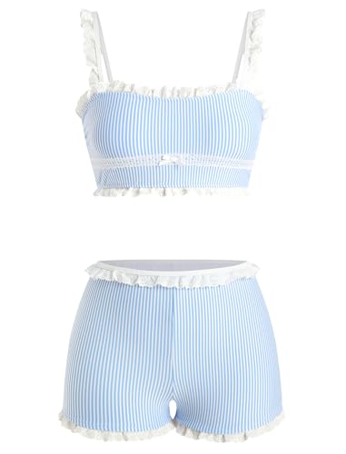 Image of ZAFUL Womens High Waisted Bikini Sets 2 Piece Plaid Ruffle Swimsuits Back Strap Top with High Waisted Shorts Bathing Suit