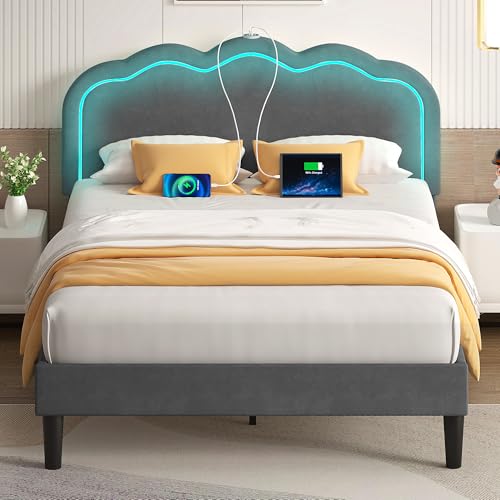 VECELO Upholstered Queen Size Bed Frame with Headboard Adjustable, LED Lights, USB-A & Type-C, Velvet Platform Bed Noise Free, Mattress Foundation with Wooden Slats, No Box Spring Needed, Grey