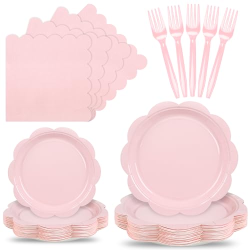 96 Pcs Pink Paper Plates and Napkins Set Party Supplies, Tableware set for 24 Guest include Disposable Pink Scalloped Plates, Napkins and Forks for Baby Shower Bridal Shower Wedding