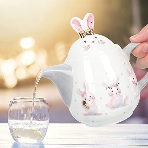 Yardwe Ceramic Rabbit Teapot Cute Flower Teapot Coffee Pot Water Pot Porcelain Bunny Flower Embossed Tea Kettle With Lids Rabbit Year Party Supplies For 2023 New Year Decoration #TOP6