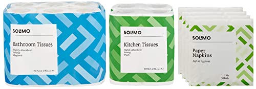 Image of Amazon Brand - Solimo 3 Ply Toilet Paper /Tissue Roll - 12 Rolls (160 Pulls Per Roll) & 2 Ply Kitchen Tissue Paper Roll - 4 Rolls (60 Pulls Per Roll) & 2 Ply Paper Napkins - 50 Pulls (Pack of 4)
