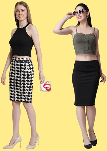 Image of POPWINGS Women Casual Solid and Printed Black and Multicolor Skirts (Pack of 2) | Women Skirt Set | Women Trendy Skirt