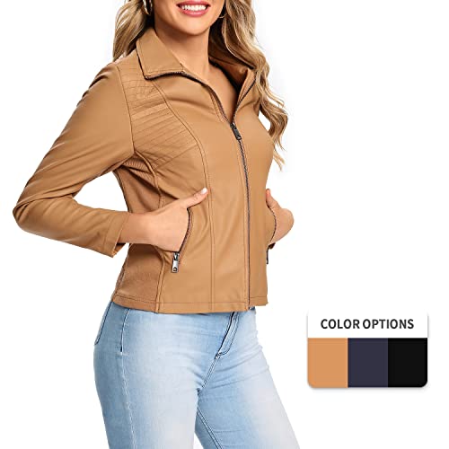 S P Y M Womens Faux Leather Jacket, Casual Fashion Quilted Zip Up Suede Coat With Elastic Rib2