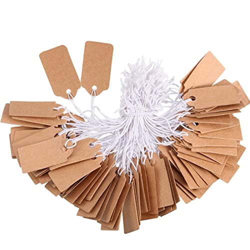 300 Pieces Kraft Price Tags with Elastic Hanging String Writable Blank Price Labels Small Marking Display Tags(1.38 x 0.71 Inch)