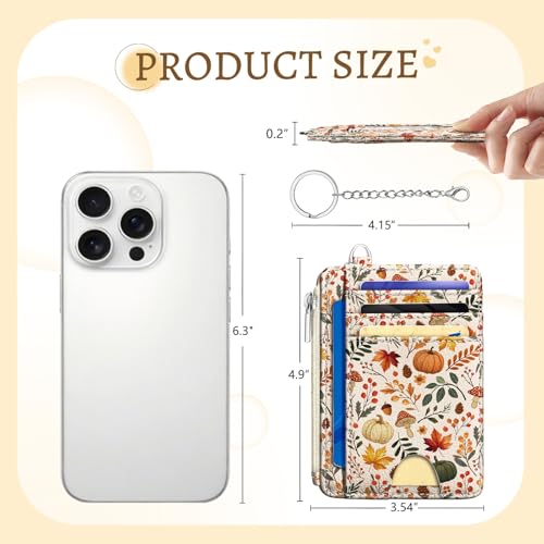 Image of Kelvoris Fall Leaf Credit Card Holder Small Wallet Women Slim RFID Keychain | Keychain, Zipper Coin Pocket, Front Pocket Thin Travel Card Case, Minimalist, 6 Card Slots, 1 ID Window, Ladies Gifts Woman