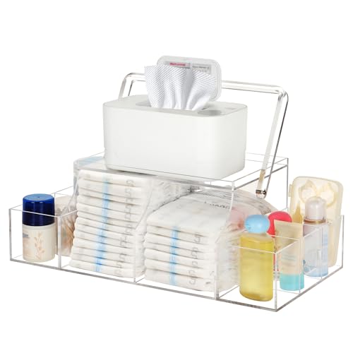 Image of Extpro Diaper Caddy Organizer - Acrylic Baby Caddy with Handle, Wipe Dispenser & Warmer for Changing Table & Nursery