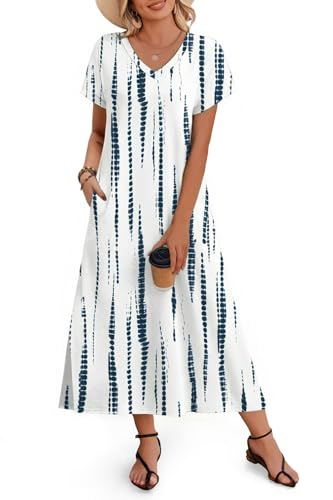 Image of Zeagoo Women Summer Floral Dress Short Sleeve Beach Dress with Pockets Casual V-Neck Split Long T-Shirt Dress Travel Vacation