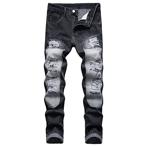 Maiyifu-GJ Men's Retro Ripped Patches Jeans Regular Fit Destroyed Distressed Patch Jean Straight Leg Hip Hop Denim Pants