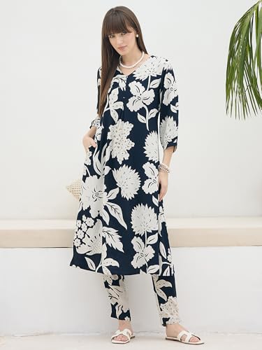 Image of INDO ERA Women's White Pure Cotton Printed Straight Kurta & Pant Set (KS0WH6702)