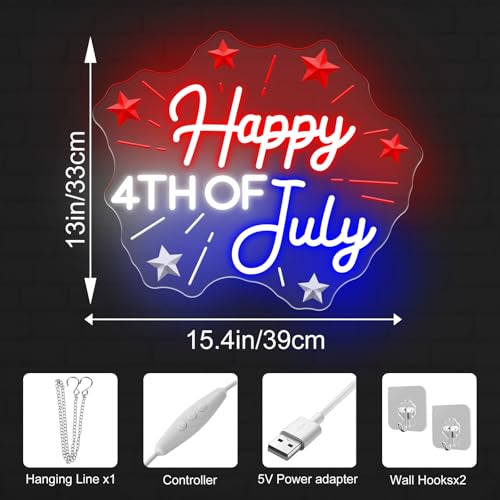 Image of Happy 4TH of July Decors Neon Sign Happy Independence Day Led Sign 4th of July Celebration Light Patriotic Welcome Memorial Day Decoration, 15.4 inchx13 inch