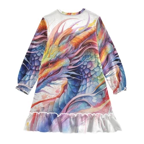 Watercolor Fire Rainbow Dragon Girls Long Sleeves Dress, Winter Dresses Nightgowns Casual Swing Dress2