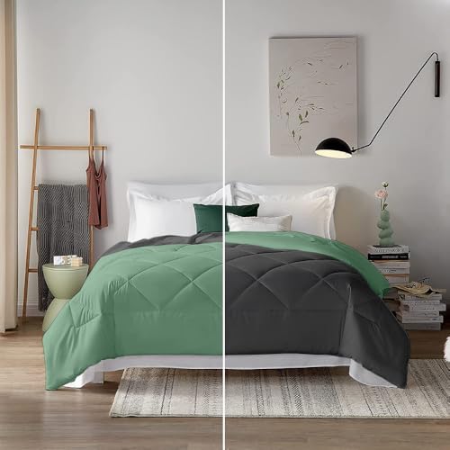 Image of Filbert 600 GSM Comforter for Double Bed | Super Warm Winter Quilt /Rajai | Thick Microfiber Blanket with Cloud-Soft Fill | Luxury Bedding for Winters - 90x100 Inch | Sage /Dark Grey