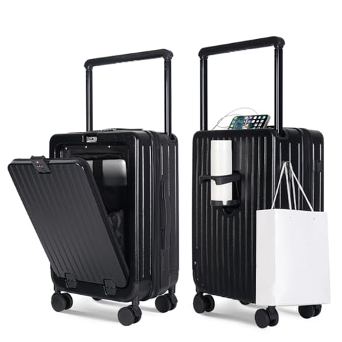 SOKOK Front Pocket Luggage Carry On with Spinner Wheels, Wide Handle Travel Suitcase PC Hardshell Durable Rolling Luggage for Business Trip with Charging Port and Cup Holder, Black