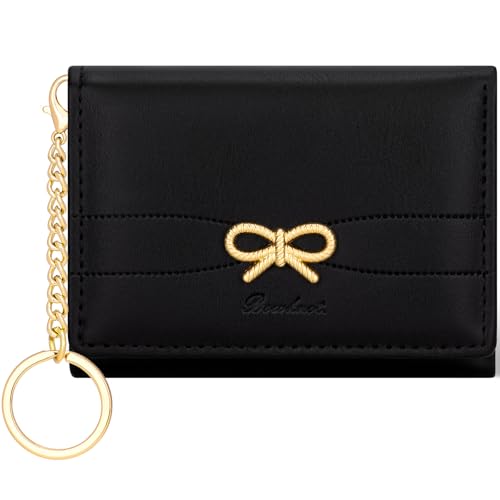 BIAOTIE Coquette Bow Wallet for Women, Small Slim Trifold Womens Wallet with Key chain Cute Aesthetic Card Holder ID Window for Girl (Black)