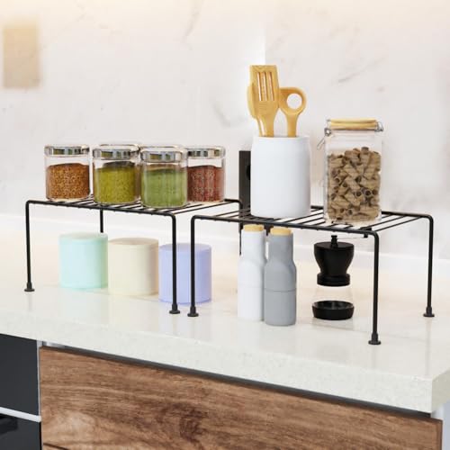 Image of TEX-RO Kitchen Shelf Organizer | Cabinet Shelf Riser for Storage | Cupboard Organizer Rack for Kitchen | Under Cabinet Storage for Plates, Bowls, Spices - Metal Wire Rack, Pack of 2