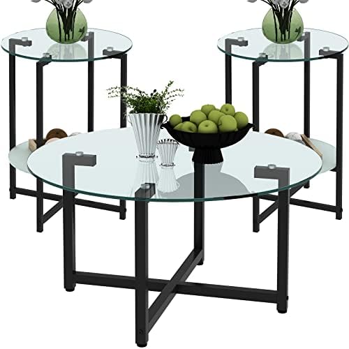 lunhung Glass Coffee Table and End Table Sets,Black