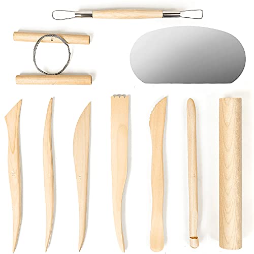 DUJEN Set of 10 Pieces Pottery Clay Tools, Wooden Pottery Tool Sets for Clay, Modeling Clay Tools for Kids