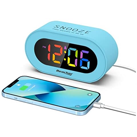REACHER Kids Alarm Clock with USB Charger, 0-100% Dimmer, Colorful Rainbow LED Digital Display, Simple Operation, Easy Snooze, Small Size for Bedroom, Bedside, Boy, Girl Cover