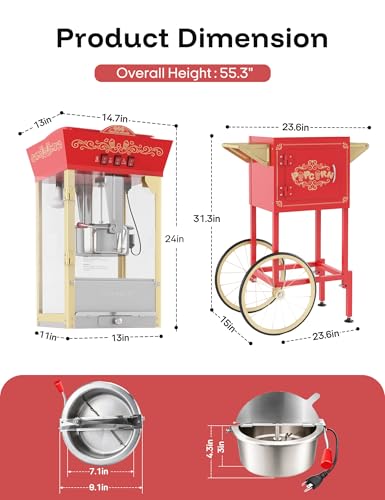 Image of 12oz Popcorn Machine with Cart, Movie Theater Style Popcorn Maker