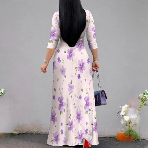 Image of PinkPatty Plus Size Maxi Dress for Women Casual V Neck 3 /4 Sleeve Boho Printed Long Dress with Pockets
