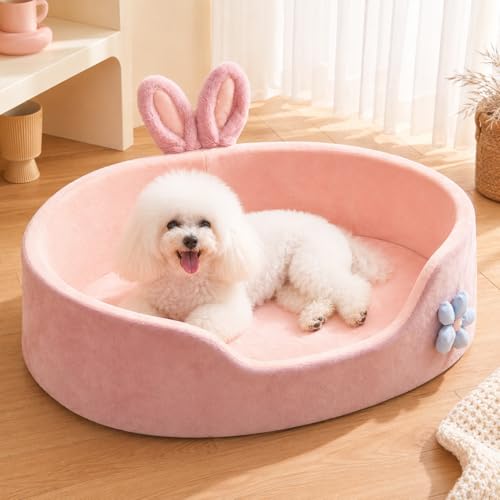 Simpatica Cuccia Principessa per Cani e Gatti - Rosa, Lavabile, Staccabile, Rotonda Con Orecchie di Coniglio, Morbida e Confortevole (L 35cm / 13.8in)