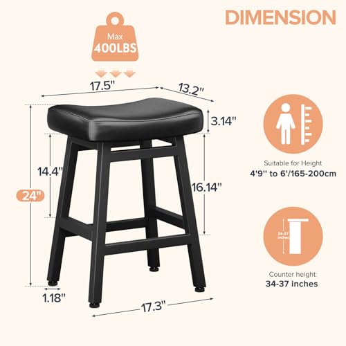 Raynesys Counter Height Bar Stools Set of 2, 24 Inch Barstools for Kitchen Counter, Kitchen Stools with Bonded Leather Saddle Seats & Heavy Duty Metal Legs, Easy Assembly, All Black