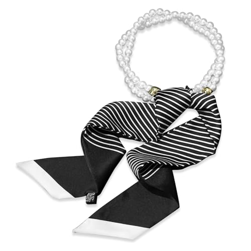 Silk Scarf Necklace Women Narrow Long Neckerchief With Pearl Necklace Flower Stripe Pattern Headdress Hair Ribbon