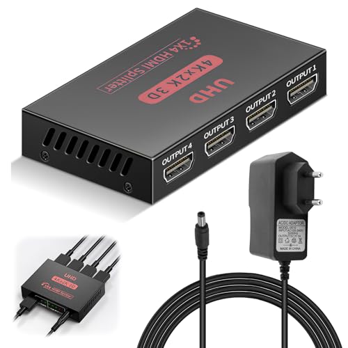 4K Splitter HDMI 1 In 4 Out, Sdoppiatore HDMI 1x4, Switch Duplicatore, Distributore Audio Video Supporta 3D, HDCP, 4K@30Hz, Trasmissione Lunga, per TV, PS4, Xbox, Blu-Ray, Proiettore e Monitor