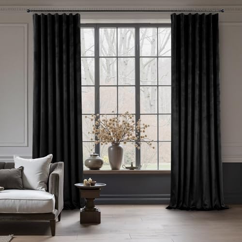 Image of Black Velvet Curtains for Living Room 84 Inch Length 2 Panel Back Tab Pocket Thick Luxury Living Room Darkening Light Blocking Thermal Insulated Black Out Long Drape for Bedroom Halloween Gothic Decor