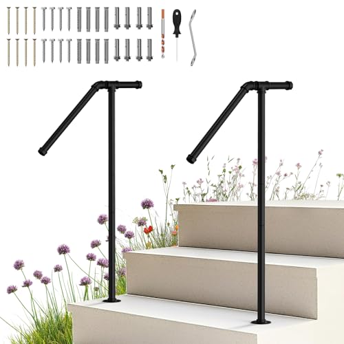 Paquete de 2 Barandilla Escalera Ajustable - Pasamanos para 1-2 Escalones, Metal Negro Antioxido, Uso Interior y Exterior Escaleras, Parapeto, Balcón, Fácil Instalación