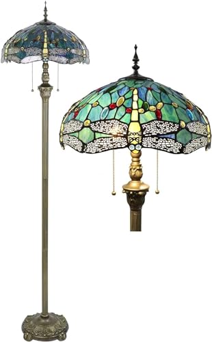 Kinbolas Lámpara de pie Tiffany Style 16 pulgadas retro libélula cristal pantalla pantalla de lectura vintage lámpara de pie lámpara bohemia arte decoración dormitorio salón lámpara de pie - pedal