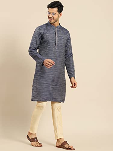 Image of Men's Black Art Silk Regular Fit Ethnic Motifs Kurta | Indian Kurta | Festive Ethnic Kurta with Embroidered Packet