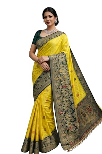 Pionex Royal Yellow Kanjivaram Silk Saree with Temple Border and Zari Brocade Weaving