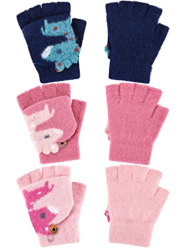 3 Pair Convertible Mittens Kids Knitted Warm Fingerless Gloves Toddler Cartoon Gloves with Mitten Cover for Boy Girl