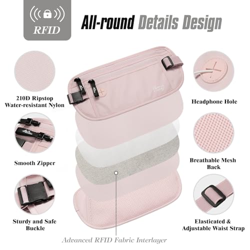 Image of MoKo Travel Money Belt with RFID Blocking, Hidden Slim Wallet, Pink | Ultra-thin, breathable design fits discreetly under clothing; adjustable elastic belt fits 24-38 in waists.
