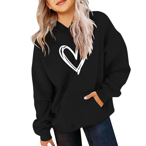 Teen Girls Oversized Heart Print Hoodies Cotton Soft Cute Hoodie Sweatshirts with Pockets Childrens Kids Long Sleeve Fit Pullover Tops Clothes Fashion Sweater (Black, 13-14 Years)