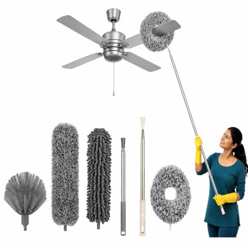 Image of DecorTwist Extendable Ceiling Fan Cleaning Duster with Adjustable Rod | Washable Microfiber Long Handle Cleaner for Fan, Cobweb, Lights & Home Cleaning (4-in-1 Cleaning Kit)