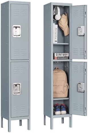 LISSIMO Metal Locker for Home, Dressing Room, Gym, 66" Steel Storage Lockers for Employees, Lockable Locker Cabinet with Door (2 Door, Grey)